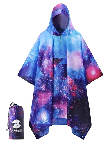 SaphiRose Extra Thick Hooded Rain Poncho Double Layer Waterproof Raincoat Jacket for Men Women Adults - color: Universe