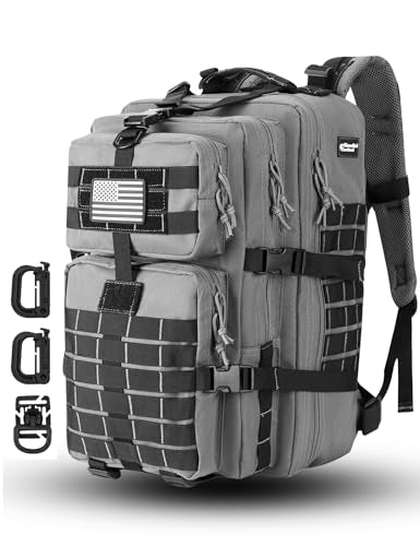 Hannibal Tactical MOLLE Assault Backpack, Tactical Backpack Military Army Camping Rucksack, 3-Day Pack Trip w/USA Flag Patch, D-Rings Grey and Black - color: Grey and Black