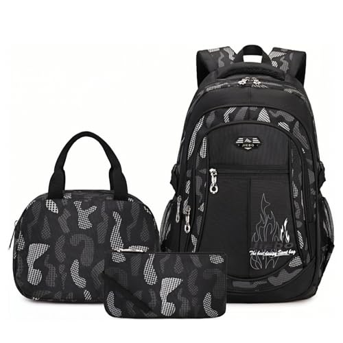 Bansusu 3Pcs Boys Backpack for Kids School Bag with Lunch Bag, Primary Middle School Backpack for Boys Bookbags - color: Style B-3pcs-grey