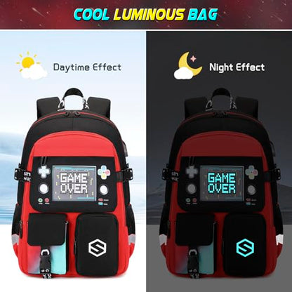 Scothen Boys Backpack, Cool Luminous School Backpacks for Boys with Lunch Bag Pencil Case, Kids Backpack Kindergarten Elementary Middle School Book Bags for Teen Boy Children with USB Charging Port - color: Red