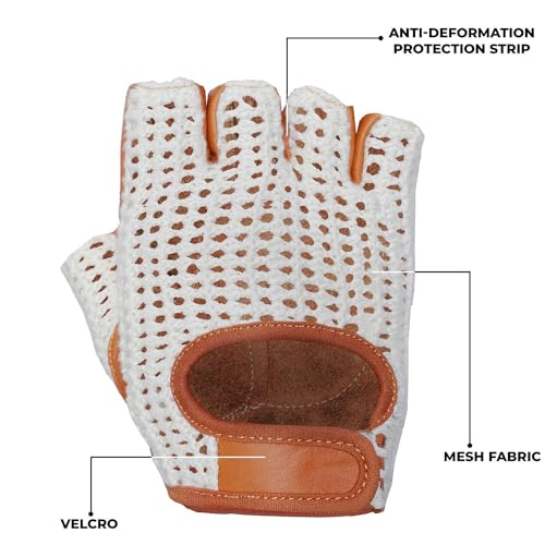 Real Soft Leather Crochet Net Fingerless Driving Weight Training Cycling Wheelchair Gloves W-1037 - color: Tan/White 049, size: XX-Large