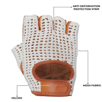 Real Soft Leather Crochet Net Fingerless Driving Weight Training Cycling Wheelchair Gloves W-1037 - color: Tan/White 049, size: XX-Large