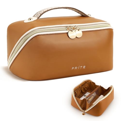 Prite Makeup Bag for Women Travel Waterproof Vegan Leather Cosmetic Bag Open Flat Toiletry Bag With Clear Divider and Handle (New Brown, Large) - color: New Brown, size: Large