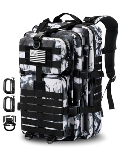 Hannibal Tactical MOLLE Assault Backpack, Tactical Backpack Military Army Camping Rucksack, 3-Day Pack Trip w/USA Flag Patch, D-Rings, Black White camo - color: Black/White Camo
