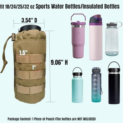 Tactical MOLLE Water Bottle Holder, Upgraded Water Bottle Pouch with Drawstring Open Top & Mesh Bottom, 16/24/25/32oz Water Bottle Carrier Bag with D-Ring Hook for Backpack - color: Brown