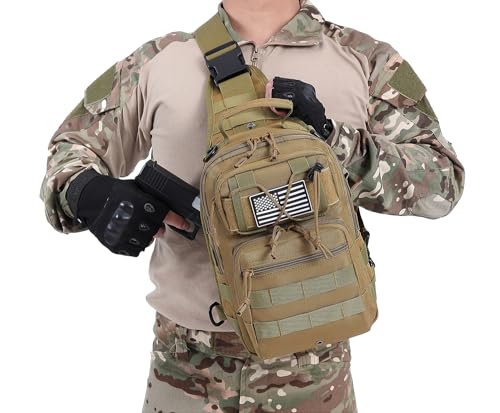 Tactical Sling Backpack Military Crossbody Bag Pack for Mens One Shoulder Holster Sling Bag 10L - color: Tan Brown