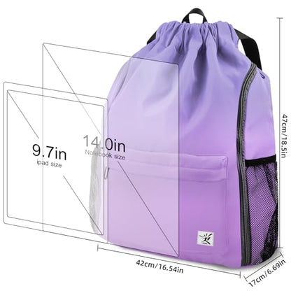 Drawstring Backpack with Mesh Pockets String Gym Bag Sackpack Sandproof Water Resistant Beach Backpack for Men Women - color: Light Purple Gradient