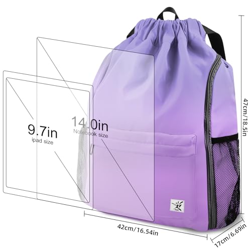 Drawstring Backpack with Mesh Pockets String Gym Bag Sackpack Sandproof Water Resistant Beach Backpack for Men Women - color: Light Purple Gradient