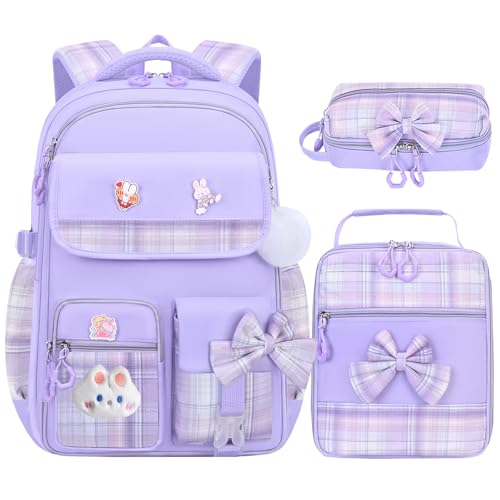 NSEQB Girls Backpack,Kids School Backpack With Lunch Box Pencil Case Set,Cute Childrens Schoolbag For Girls - color: Purple-3PCS