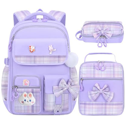 NSEQB Girls Backpack Set With Lunch Box For Elementary & Middle School - color: Purple-3PCS