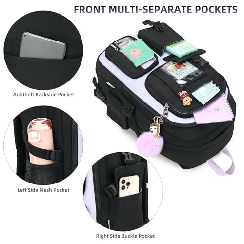 Backpack for Girls with Accessories Laptop Bookbags 16 Inch Kawaii Kids Elementary Middle High School Bag College Travel Daypack Gifts for Teens Women Students (Black Purple) - color: Black Purple
