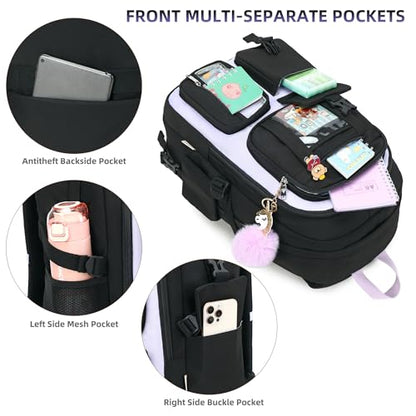 Backpack for Girls with Accessories Laptop Bookbags 16 Inch Kawaii Kids Elementary Middle High School Bag College Travel Daypack Gifts for Teens Women Students (Black Purple) - color: Black Purple