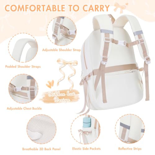 Kids Backpack for Girls - 3PCS Cute Embroidered Bow Girls Backpack with Insulated Lunch Bag & Pencil Case - Bookbag for Teen Women Middle High School College Work Travel Daypack - color: Beige Khaki