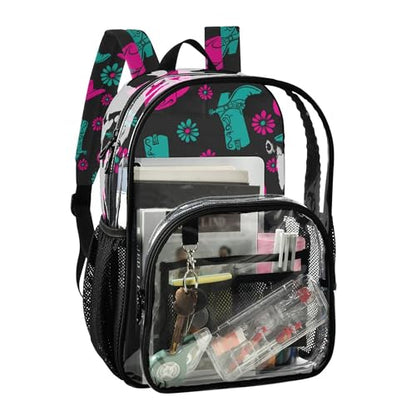 Western Cowgirl Flowers Clear Backpack PVC Transparent School Backpack Lightweight Student Book Bags Capacity Clear Bag - color: Magnet Black