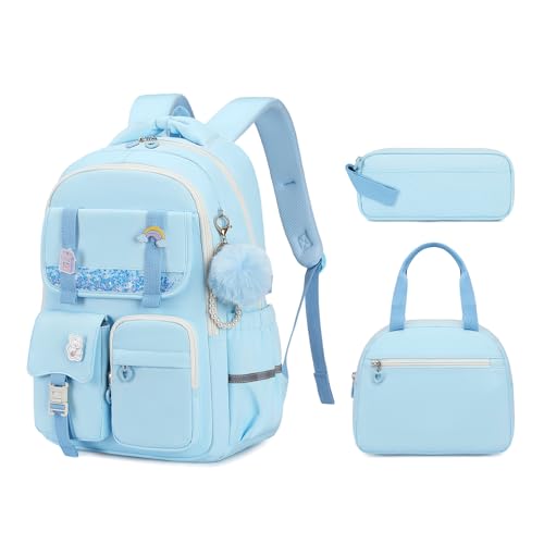 MUSEVOS Girls Backpack, Kids Backpack for Girls, School Bookbag for Teens Age 6-15, Large Capacity Water Resistant Backpack for Elementary to High School, Cute Travel Daypack, Blue 3pcs - color: Blue-3pcs
