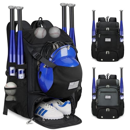RAINSMORE Baseball Backpack, Lightweight Softball Bag with Shoe Compartment Baseball Bag for Youth & Adult Softball Bat Bag with Fence Hook Helmet Holder Sports Backpack for T-Ball - color: Black