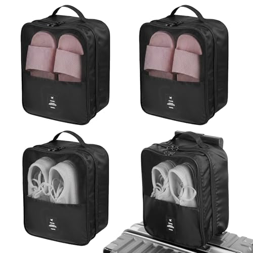 4 Pack Shoe Bags for Travel Holds 3 Pair of Shoes, Portable Shoes Storage Bag Organizer with Handle, Travel Luggage Shoe Organizer for Women Men Teenager Daily Use Storage Pouch (Black)