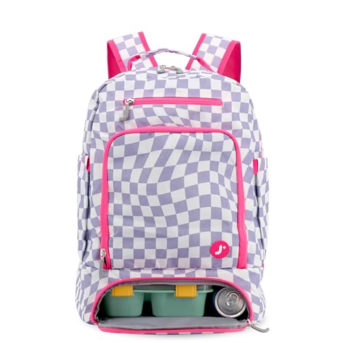 J World New York 2-in-1 Insulated Backpack Lunch Box for Kids. Adult School Bookbag, Lavender Checkers, 17 x 13 x 9 Inches - color: Lavender Checkers