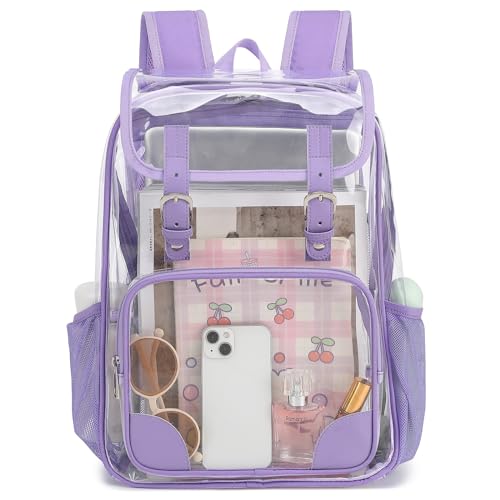 Fuyicat Clear Backpack Heavy Duty PVC Transparent Girls Kids School Backpacks Stadium Approved See Through College Bookbag for Women (Purple), Large - color: Purple