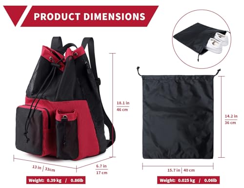 Lohol Large Mesh Drawstring Backpack with Shoe Bag, Durable Swimming String Sack with Handle for Sports Gym Yoga Beach Travel - color: Red