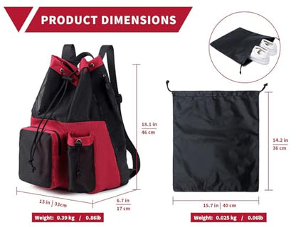 Lohol Large Mesh Drawstring Backpack with Shoe Bag, Durable Swimming String Sack with Handle for Sports Gym Yoga Beach Travel - color: Red
