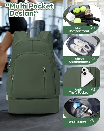 Gym Backpack for Women Men,Waterproof Gym Backpack with Shoe Compartment,Lightweight Sports Gym Bag Casual Daypack,Army Green - color: C-army Green