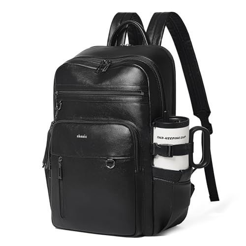Shrrie Vegan Leather Laptop Backpack for Women,17 Inch Computer Backpack Purse for Work Business College Travel Teacher Nurse with Anti-theft Pocket & Giant Tumbler Holder Pocket,Black - color: Black