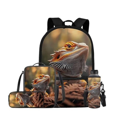 Dragon Lizard Backpack for Kids Boys Backpack with Lunch Box Water Bottle Holder with Strap and Soft Pencil Case 4PCS Set Bookbag with Front Pocket 17 inch Large Capacity School Bag for Girls - color: Dragon Lizard