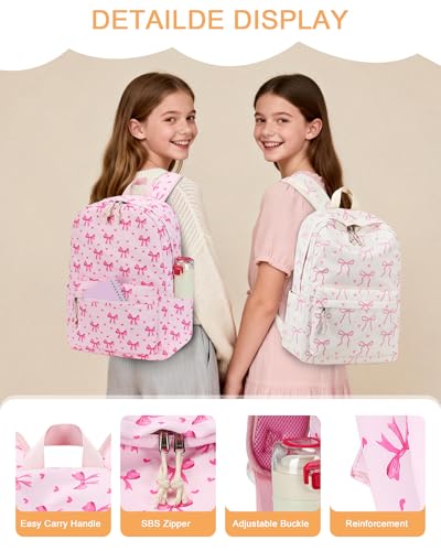 LOIDOU Backpack for Teen Girls Bookbags School Backpack with Lunch Box and Pencil Case 3 in 1 School Bags Set - color: Bow Tie Pink