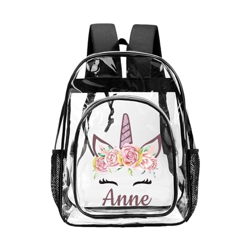 Personalized Unicorn Clear Backpack for Girls With Name, Transparent Heavy Duty Backpack With Reinforcing Straps For School Sports Workplace, Back to School Gift - color: B-clear Backpack