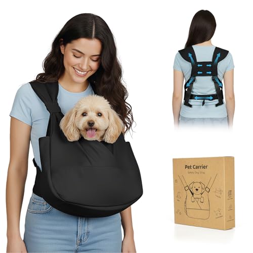 Dog Sling Carrier for Small Dogs with Bottom Support, Adjustable Pet Front Dog Carrier-Padded Strap Reducing Back Neck Pain, Anti-Anxiety Backpack for Travel Hiking Camping, Hands Free (Black,S) - color: Black, size: Small