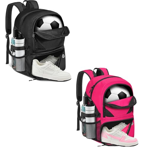 Soccer Bag, Lightweight Soccer backpack with Ball Compartment & Shoe Compartment for Basketball Volleyball & Football, Large and Water Resistant Sports Backpack for Son Daughter Men Women Black &Pink