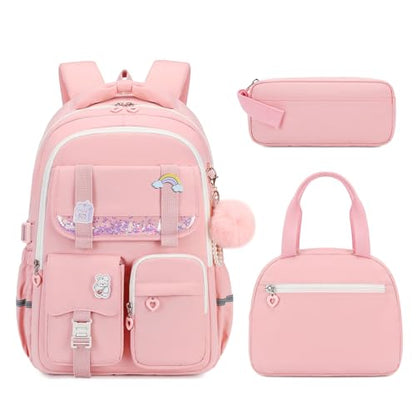 MUSEVOS Girls Backpack, Kids Backpack for Girls, School Bookbag for Teens Age 6-15, Large Capacity Water Resistant Backpack for Elementary to High School, Cute Travel Daypack, Pink 3pcs - color: Pink-3pcs