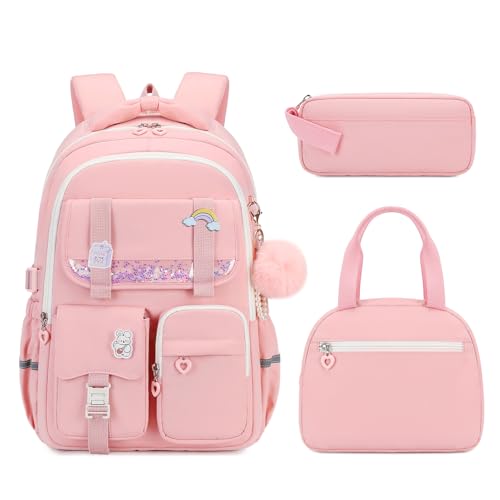 MUSEVOS Girls Backpack, Kids Backpack for Girls, School Bookbag for Teens Age 6-15, Large Capacity Water Resistant Backpack for Elementary to High School, Cute Travel Daypack, Pink 3pcs - color: Pink-3pcs