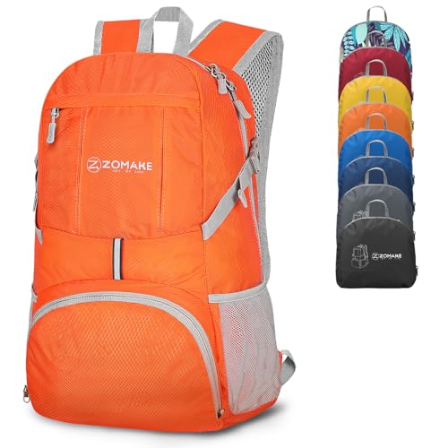 ZOMAKE Lightweight Packable Backpack 35L, Light Foldable Backpacks Water Resistant Collapsible Hiking Bag, Compact Folding Day Pack for Travel Camping(Orange) - color: Orange