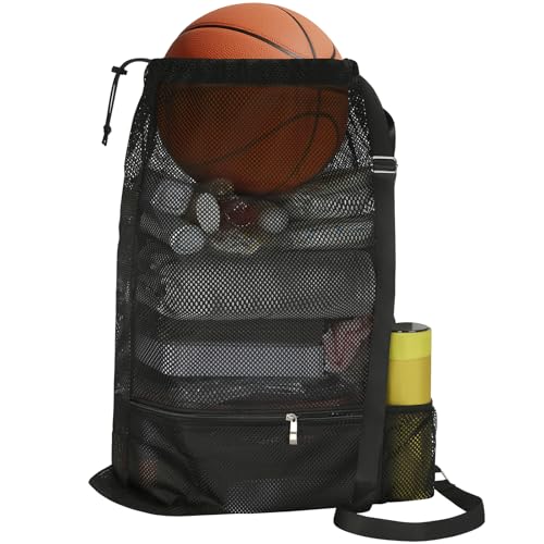 NATURAL STYLE Large Mesh Swim Beach Bag, Mesh Drawstring Gym Bag for Athletic Gym Sports Gear Workout Storge Beach Swiming (Black) - color: Black
