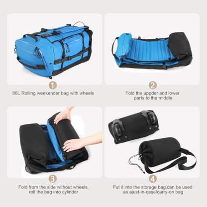 29" 86L Foldable Wheeled Duffle Bag, Waterproof Travel Rolling Backpack with Quilted Bottom, Blue - color: Blue