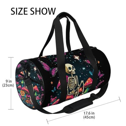 MNSRUU Sports Duffel Bags, Skeleton Sitting on Mushrooms with Butterflies Athletic Gym Bag Overnight Workout Travel Tote Luggage for Men Women Yoga - color: Skeleton A14152