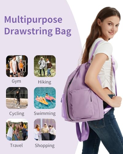 WANDF Drawstring Backpack Sports Gym Bag with Shoes Compartment, Water-Resistant String Beach Sackpack Swim Bag for Women and Men (Lilac Purple) | with Shoes Compartment - color: Lilac Purple