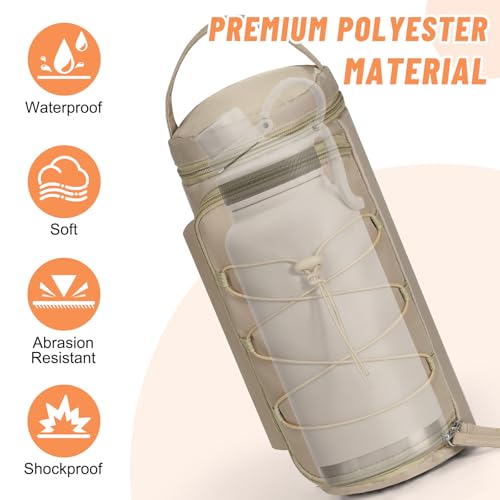 Nuovoware Small Sling Backpack, Sling Bag 25oz/32oz/40oz/50oz Water Bottle Carrier with Zippered Cap, 2 Pockets, Adjustable Shoulder Strap Carrier for Walking Traveling, Camel