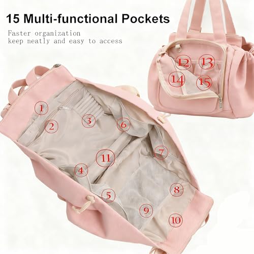 Tote Bag Large Capacity Lightweight Backpack with 15 Pockets Nylon Shoulder Bag for Car Travel Mother Bag - color: Pink