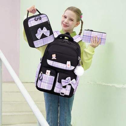 ACESAK Girls Backpack - 3PCS Backpack for Girls Cute School Backpacks for Kindergarten Elementary Preschool Middle Kids School Bags with Lunch Box Pencil Case Set (Black Purple) - color: Black-purple