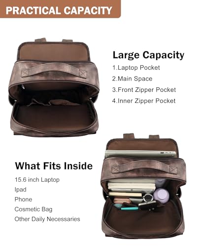 MASINTOR 15.6 inch PU Leather Laptop Backpack Purse for Women, Large College Casual Backpack Travel Bag Retro Coffee - color: Retro Coffee