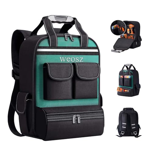 Tool Backpack for Men 18 Inch Heavy Duty Waterproof Multiple Pockets Tool Bag Organizer with Shoulder for Electrician Mechanics HVAC Engineer - color: Green&Black