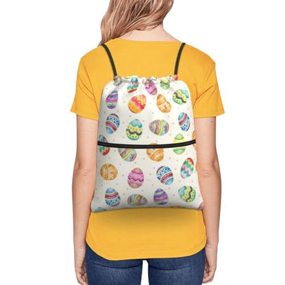 Easter Eggs Drawstring Bag, Waterproof Drawstring Bckpack for Gym Sports Easter Party Gift, Women Men Sackpack Bag with Front Zipper Pocket and Inside Zipper Pocket - color: Easter Eggs