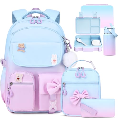 ACESAK 5PCS Backpack for Girls with Bento Box & 14oz Insulated Water Bottle - Cute School Girls Backpacks for Elementary Preschool Middle with Lunch Bag & Pencial Case, Back To School (Blue Purple) - color: Blue-purple