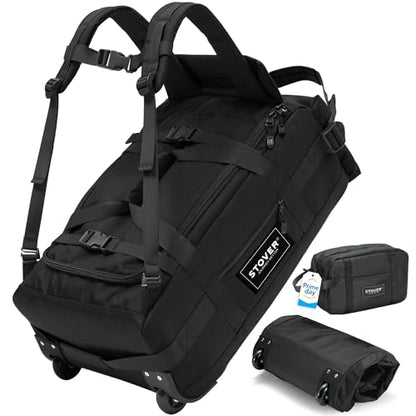 STOVER 45L Carry-On U-Zip Rolling Duffel Bag with Wheels, Medium Durable Travel Duffle w/Toiletry Bag, Heavy-Duty, Packable, Foldable w/Shoulder Straps- Use as Luggage or Backpack, Men/Women (Black) - color: U-Zip Black