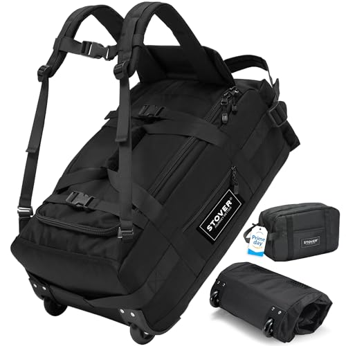 STOVER 45L Carry-On U-Zip Rolling Duffel Bag with Wheels, Medium Durable Travel Duffle w/Toiletry Bag, Heavy-Duty, Packable, Foldable w/Shoulder Straps- Use as Luggage or Backpack, Men/Women (Black) - color: U-Zip Black