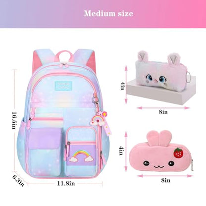 Jcobvig Rainbow Backpack For Girls Kids,Cute Student School Backpack With Pen Bag,Aesthetic Starry Rainbow Laptop Travel Bag - color: Blue, size: Large