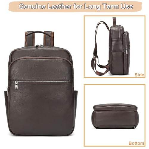 Genuine Leather 15.6 Inch Laptop Backpack for Men & Women, Business Commute Bag Daypack with Multi-Pockets for Travel Outdoor, Coffee Brown - color: Y80-17y-coffee